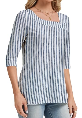 Dimur 3/4 Length Sleeve Womens Tops Asymmetrical Neck Stripes Print Top Ladies Blouses Resort Wear for Women 2026 X-Large