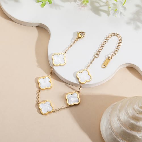AIPPK 18K Gold Plated Clover Lucky Bracelet Dupes for Women White Flower Four Leaf Bracelets Trendy Jewelry Gifts for Women
