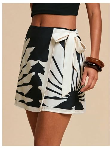MakeMeChic Women's Summer Boho Wrap Mini Skirt Beach Vacation Short Skirts Leave Print Black Medium