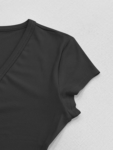 Albe Rita Women Short Sleeve T-Shirt Cap V Neck Shirts for Women Ribbed Casual Top Knit Slim Fit for Summer,Black, S