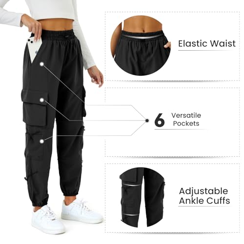COPYLEAF Womens Parachute Cargo Pants with Pockets Quick Dry Hiking Pants Lightweight Water-Resistant Baggy Joggers(Black M)