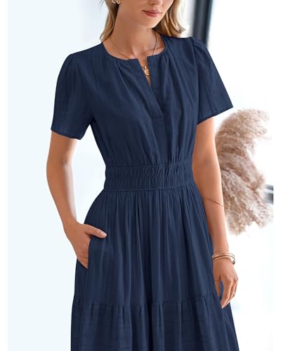 BTFBM Womens Summer 2026 Casual Midi Maxi Dresses Lightweight Short Sleeve V Neck Elastic Waist Boho Beach Dress Pockets(Navy, Medium)
