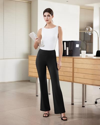 DLOODA Womens Dress Pants Stretchy Work Pants Business Casual Office Trousers Pull On Flare Slacks with 4 Pockets Black