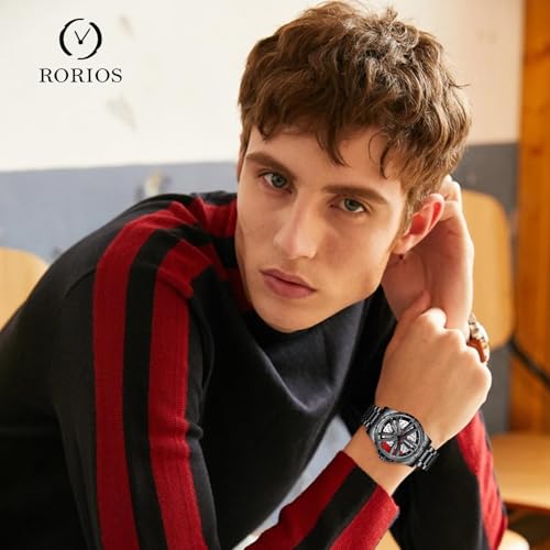 RORIOS Car Hub Design Watch Men’s Analogue Quartz Watches 3ATM Waterproof Wrist Watch Fashion Cool Watch for Men with Stainless Steel Strap