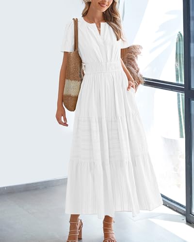 BTFBM Womens Summer 2026 Casual Midi Maxi Dresses Lightweight Short Sleeve V Neck Elastic Waist Boho Beach Dress Pockets(White, XX-Large)