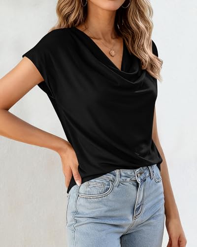 BTFBM Cowl Neck Tops for Women 2026 Summer Womens Tops Dressy Casual Business Blouses Short Sleeve Shirts Spring Outfits(Black, Medium)