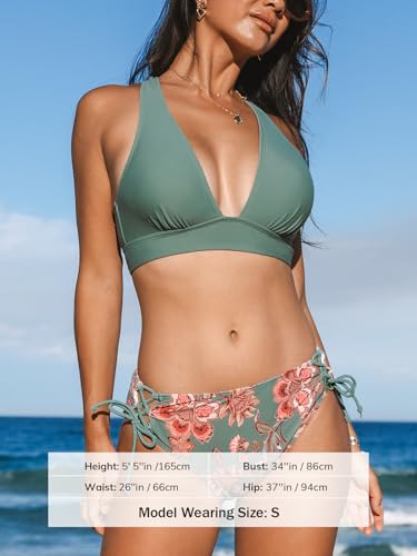 CUPSHE Women's Bikini Sets Two Piece Swimsuits V Neck Triangle Top Wide Straps Cross Back Lace up Mid Rise, M