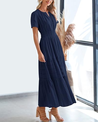 BTFBM Womens Summer 2026 Casual Midi Maxi Dresses Lightweight Short Sleeve V Neck Elastic Waist Boho Beach Dress Pockets(Navy, Medium)