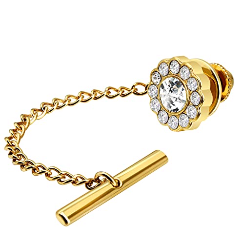 AMITER Mens Crystal Tie Tack with Chain Gold Tone Tie Pin for Men Unisex Adults in Wedding Birthday Anniversary Party