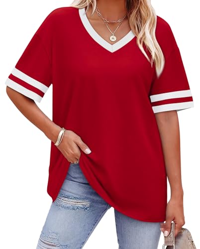 Short Sleeve Shirts for Women Plus Size Fashion Clothing Workout Tops for Women Trendy Spring Oversized Tshirts Womens Tops Dressy Casual Valentine Summer Outfits Cute Womens Clothes T Red XL