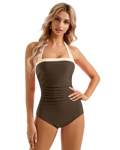 SUUKSESS Women Sexy Tummy Control One Piece Swimsuits Halter Slimming Retro Monokini Bathing Suits Color Block Swimwear(Beige Brown,L)