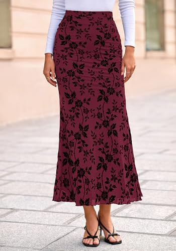 BTFBM Womens Floral Mesh Maxi Skirt 2026 Spring Summer Elastic High Waisted Boho Elegant Mermaid Long Skirts for Women(Burgundy, Medium)