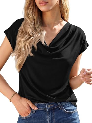 BTFBM Cowl Neck Tops for Women 2026 Summer Womens Tops Dressy Casual Business Blouses Short Sleeve Shirts Spring Outfits(Black, Medium)
