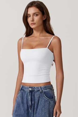 QINSEN Basic Tank Tops for Women Spaghetti Strap Double Lined Slim Fitted Camisole Going Out Tops White S