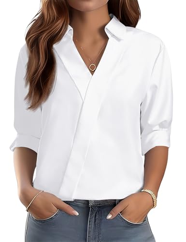 LOMON Womens Tops 3/4 Sleeve V Neck Collared Shirts Dressy Casual Blouses Business Casual Outfits Loose Fit Summer Clothes (White,L)