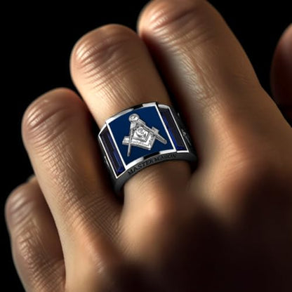 US Jewels Men's 925 Sterling Silver Synthetic Sapphire Master Mason Masonic Ring, Size 9