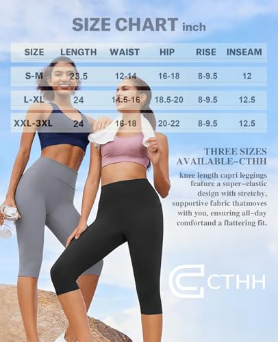 CTHH 3 Pack Capri Pants with Pockets - High Waisted Knee Length Yoga Leggings, Workout Biker Shorts for Women Running Summer(Two Pockets,3 Black,Large-X-Large)