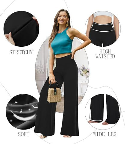 QGGQDD Wide Leg Palazzo Pants for Women - Casual Soft High Waist Lounge Pants Loose Comfy Stretchy Trousers Black
