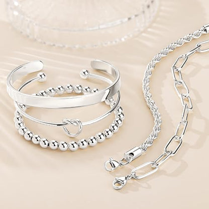 Gokeey Silver Cuff Bracelets for Women,Dainty Silver Bangles Bracelets Set for Women, Paperclip Link Chain Rope Beaded Tie Knot Bracelets Stack Chunky Jewelry