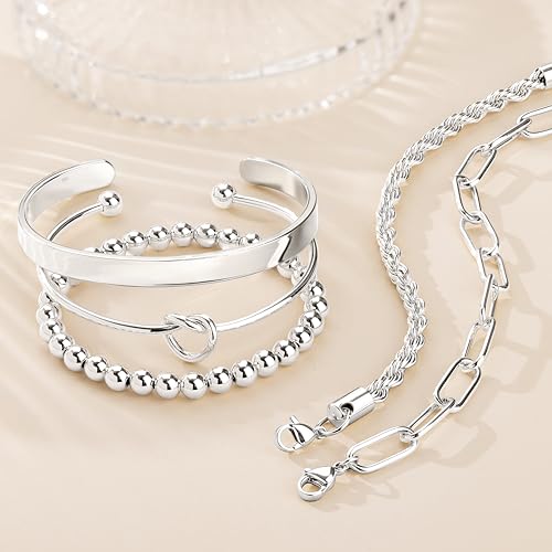 Gokeey Silver Cuff Bracelets for Women,Dainty Silver Bangles Bracelets Set for Women, Paperclip Link Chain Rope Beaded Tie Knot Bracelets Stack Chunky Jewelry