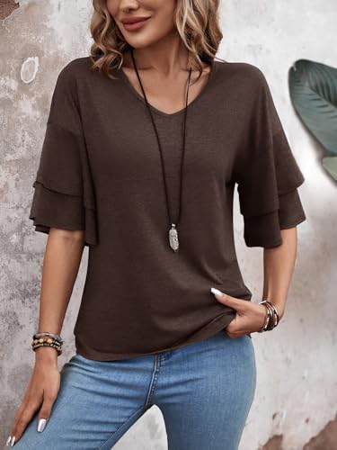 FUNBANG Womens V Neck Short Sleeve Shirts Double Tiered Ruffle T-Shirt Three Quarter Length Sleeve for Spring Summer Blouse 2026 Loose Fit Tunic 2026 Half Bell Fashion Clothes,Coffee Brown,M
