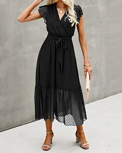 BTFBM Women Summer Bohemian Floral Casual Wrap V Neck Ruffle Cap Sleeveless Belt A-Line Pleated Hem Swing Midi Sun Dress (Swiss Dot Black, l)