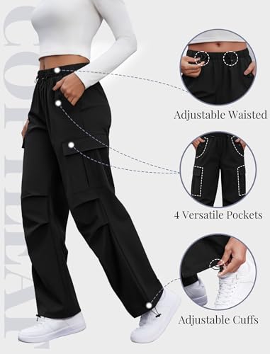 COPYLEAF Cargo Pants Women Elastic Waisted Parachute Hiking Pants with Pockets Water Resistant Lightweight Baggy Pants(Black M)