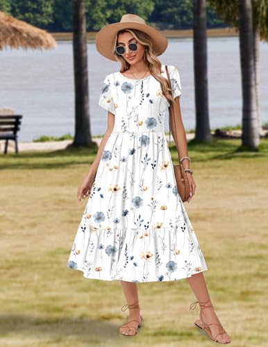 Zeagoo Tee Shirt Dress for Women Summer Short Sleeve Tiered Midi Dresses Boho A Line Casual Loose Sundress with Pockets Shift Crew Neck Dress White Floral L