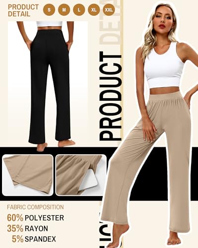 Huukeay 3 Pack Women's Lounge Pants, Cozy Wide Leg Lounge Slacks with Pockets Loose Flowy Yoga Sweatpant Workout Comfy Jogger(Black, Charcoal Gray, Khaki,X-Large)