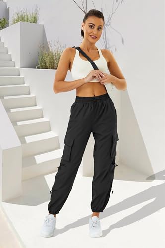COPYLEAF Womens Parachute Cargo Pants with Pockets Quick Dry Hiking Pants Lightweight Water-Resistant Baggy Joggers(Black M)