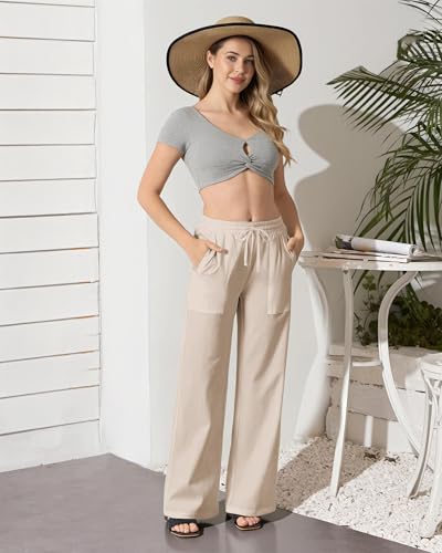 keriffe Womens Linen Casual Pants Wide Leg Summer Beach Palazzo Trousers with Pockets Khaki