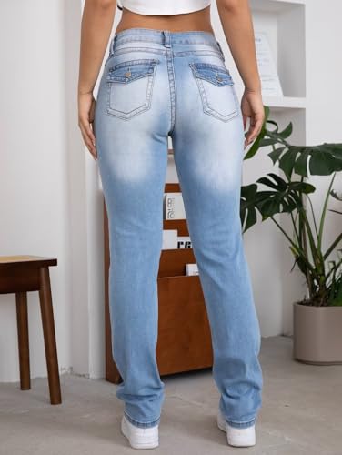 Flamingals Bootcut Jeans for Women Stretchy Mid Rise Double Button Wash Solid 90s Straight Leg Jeans Light Blue M