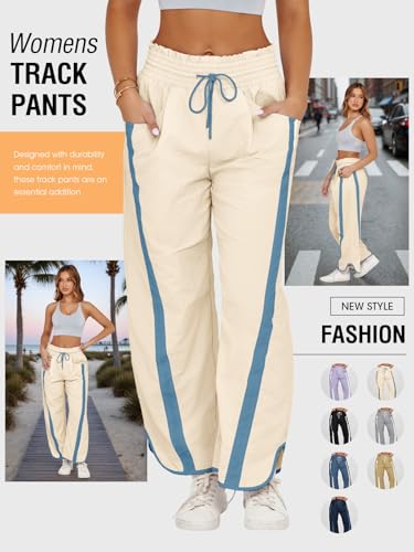 Fisoew Women's Baggy Wide Leg Pants Casual Drawstring Elastic Waisted Contrast Color Workout Y2K Track Pants Beige