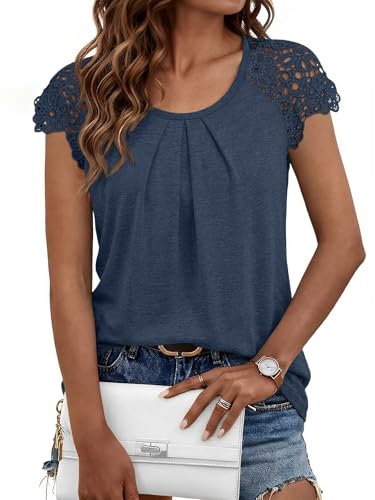 AUTOMET Womens Casual Dressy Tops 2026 Summer Short Sleeve Business Work Office Spring Shirts Plus Size Sleeveless Ladies Lace Cute Trendy Blouses Tshirt Fashion Beach Outfits Clothes Clothing Navy
