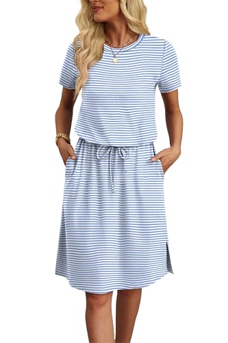 Spring Dresses for Women 2026 Midi Casual Summer Pretty Garden Beach Vacation Elegant Floral Dress Graduation Wedding Guest Date Outfits Work Dresses M Blue Striped
