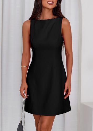 PRETTYGARDEN Womens Formal Short Dresses 2026 Summer Sleeveless Boat Neck A Line Elegant Mini Cocktail Party Dress (Black,Medium)