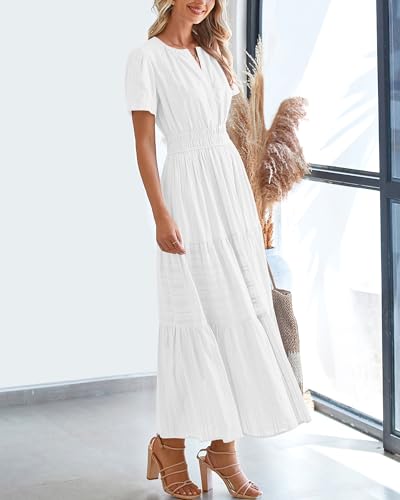 BTFBM Womens Summer 2026 Casual Midi Maxi Dresses Lightweight Short Sleeve V Neck Elastic Waist Boho Beach Dress Pockets(White, XX-Large)