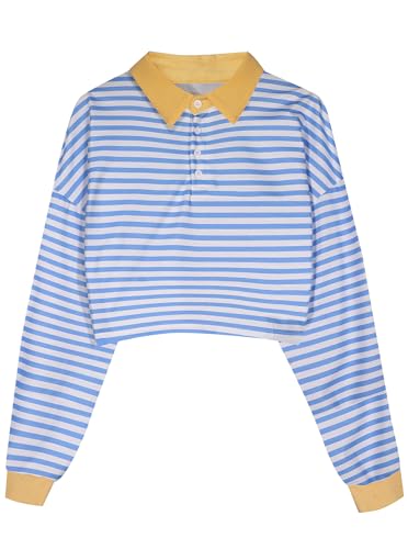 Natalie Winters Dress - Remidoo Women's Collared Half Button Long Sleeve Striped Crop Top Sweatshirt Blue White