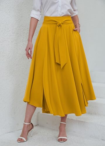 chouyatou Women's Elegant High Waisted Side Slit Irregular Bohemian Maxi Skirt with Pockets (Medium, Yellow)