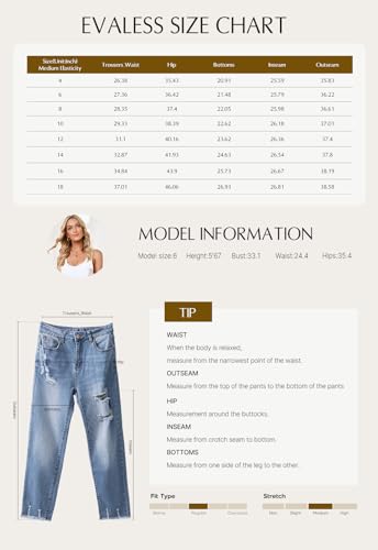 EVALESS Womens Jeans Stretchy High Waisted Pull On Ripped Distressed Jean Tummy Control Straight Ankle Denim Pants Sky Blue Size 8