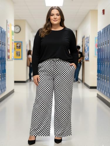 Lastshe Women's Plus Size Wide Leg Pants Palazzo Pants for Women Plus Size Outfits for Curvy Women Pants with Pockets,Black W Plaid,2X