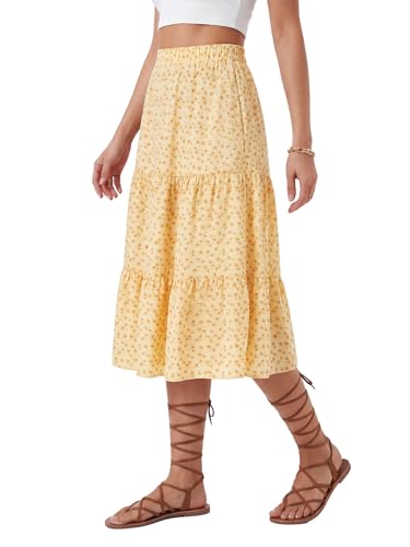 LYANER Women's Floral Print High Waisted A Line Tiered Ruffle Boho Swing Midi Skirts with Pockets Light Yellow Floral Print Small