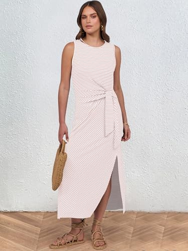 ANRABESS Womens Summer Casual Sleeveless T Shirt Midi Dress Slim Fit Tie Waist Split Tank Long Dresses 2025 Vacation Sundress Striped Pink Large