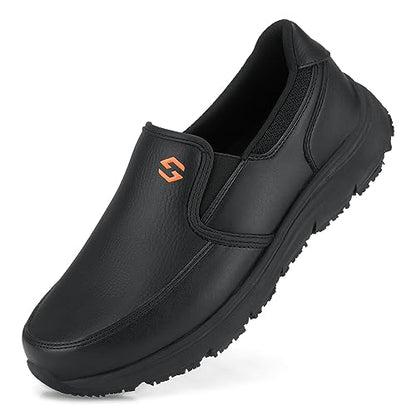HISEA Non Slip Work Shoes for Men, Water & Oil Resistant Leather Slip on Kitchen Shoes, Comfortable Mens Slip Resistant Chef Shoes for Restaurant Food Service, Lightweight Walking Shoes, Black