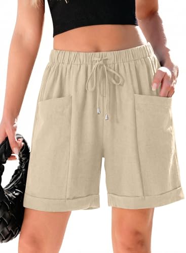 SHEWIN Women's Shorts Casual Bermuda Shorts for Women Lightweight High Waisted Knee Length Line Short Pants with Pockets,L,Apricot