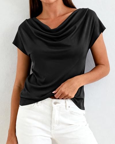 BTFBM Cowl Neck Tops for Women 2026 Summer Womens Tops Dressy Casual Business Blouses Short Sleeve Shirts Spring Outfits(Black, Medium)