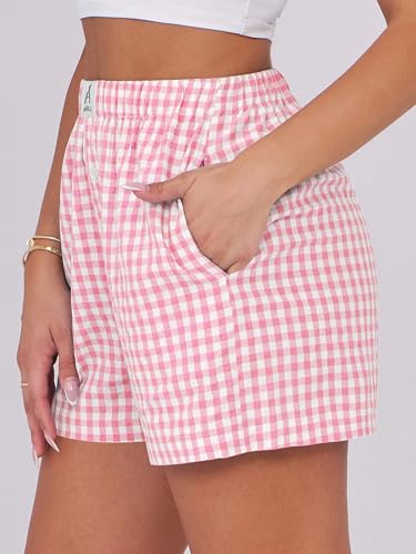 ANRABESS Boxer Shorts for Women Gingham Pajama 2026 Summer Casual Lounge Sleep Plaid Shorts Y2K Beach Bottoms Pink White Plaid Medium