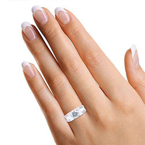 SAVEARTH DIAMONDS 14k White Gold Over Sterling Silver 1.5 Carat 7.5MM Round Cut Moissanite Lab Created Diamond Engagement Ring with Accents for Men and Women Ring Size-9.5