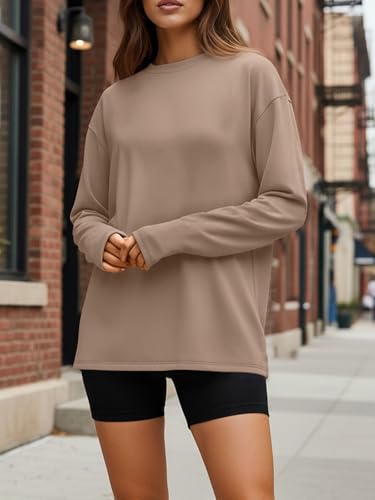 Trendy Queen Womens Spring Tops Oversized Long Sleeve T Shirts 2026 Basic Tee Fall Casual Workout Y2K Clothes Khaki XL