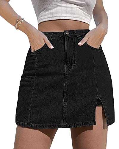 luvamia Flexclusive Skorts Skirts for Women Denim Mini Skort Side Slit with High Waisted Jean Shorts Stretchy Black Mini Beach Shorts for Women Jean Skirt Soft Black Size Large Size 12-14